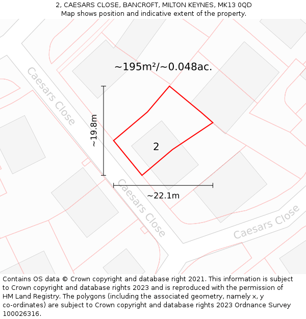 2, CAESARS CLOSE, BANCROFT, MILTON KEYNES, MK13 0QD: Plot and title map