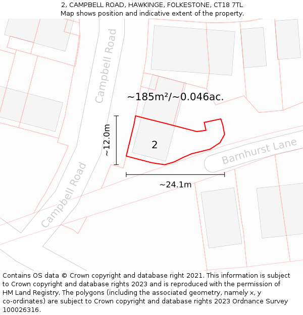 2, CAMPBELL ROAD, HAWKINGE, FOLKESTONE, CT18 7TL: Plot and title map