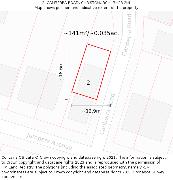 2, CANBERRA ROAD, CHRISTCHURCH, BH23 2HL: Plot and title map