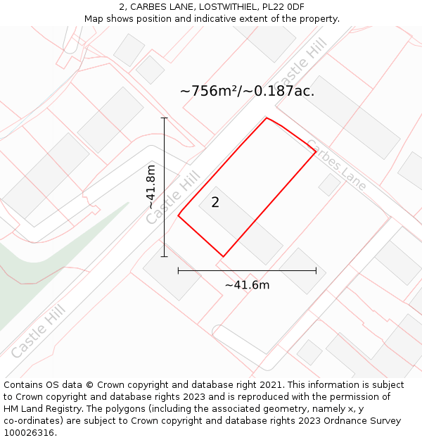 2, CARBES LANE, LOSTWITHIEL, PL22 0DF: Plot and title map