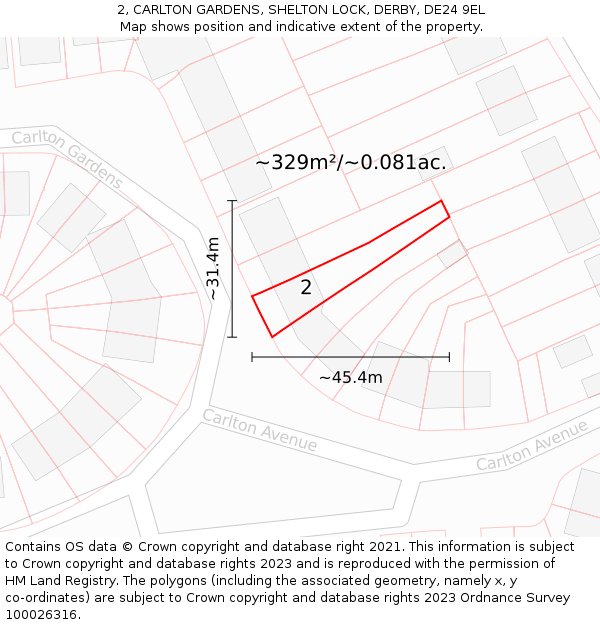 2, CARLTON GARDENS, SHELTON LOCK, DERBY, DE24 9EL: Plot and title map