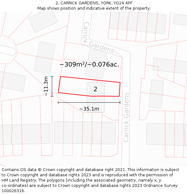 2, CARRICK GARDENS, YORK, YO24 4PF: Plot and title map