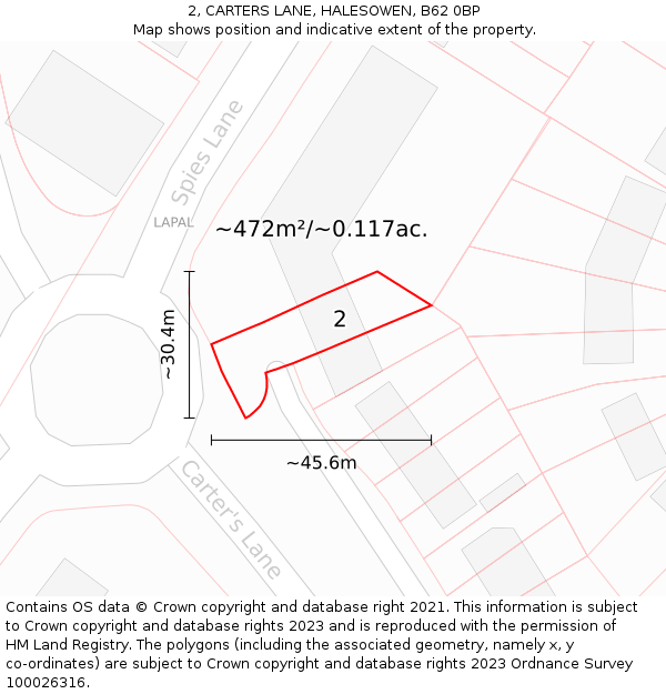 2, CARTERS LANE, HALESOWEN, B62 0BP: Plot and title map