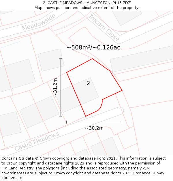 2, CASTLE MEADOWS, LAUNCESTON, PL15 7DZ: Plot and title map