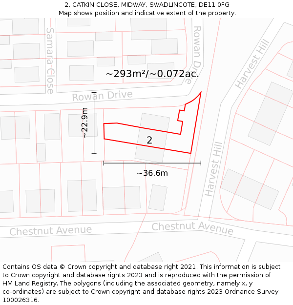 2, CATKIN CLOSE, MIDWAY, SWADLINCOTE, DE11 0FG: Plot and title map