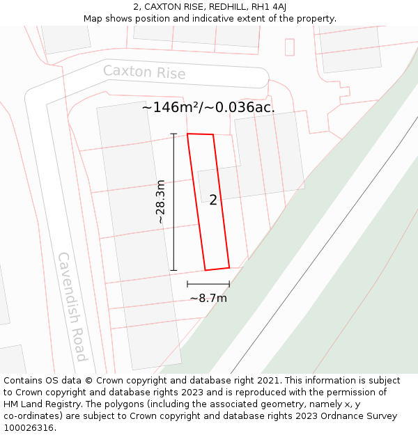 2, CAXTON RISE, REDHILL, RH1 4AJ: Plot and title map