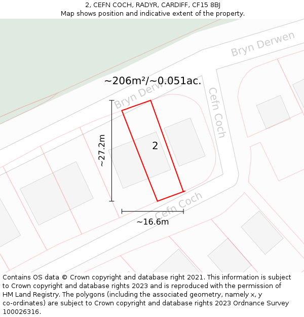 2, CEFN COCH, RADYR, CARDIFF, CF15 8BJ: Plot and title map