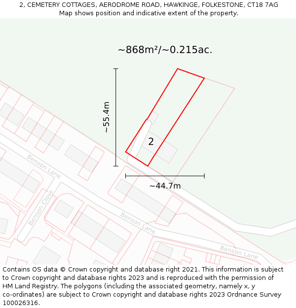 2, CEMETERY COTTAGES, AERODROME ROAD, HAWKINGE, FOLKESTONE, CT18 7AG: Plot and title map