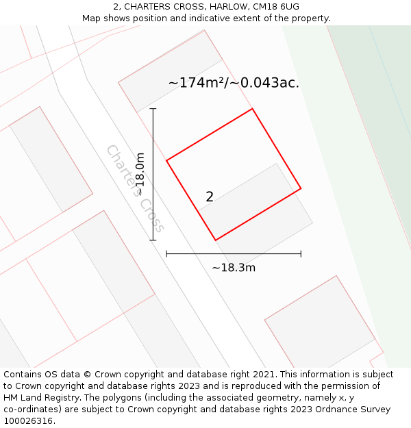 2, CHARTERS CROSS, HARLOW, CM18 6UG: Plot and title map