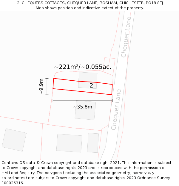 2, CHEQUERS COTTAGES, CHEQUER LANE, BOSHAM, CHICHESTER, PO18 8EJ: Plot and title map