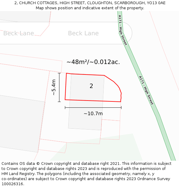 2, CHURCH COTTAGES, HIGH STREET, CLOUGHTON, SCARBOROUGH, YO13 0AE: Plot and title map