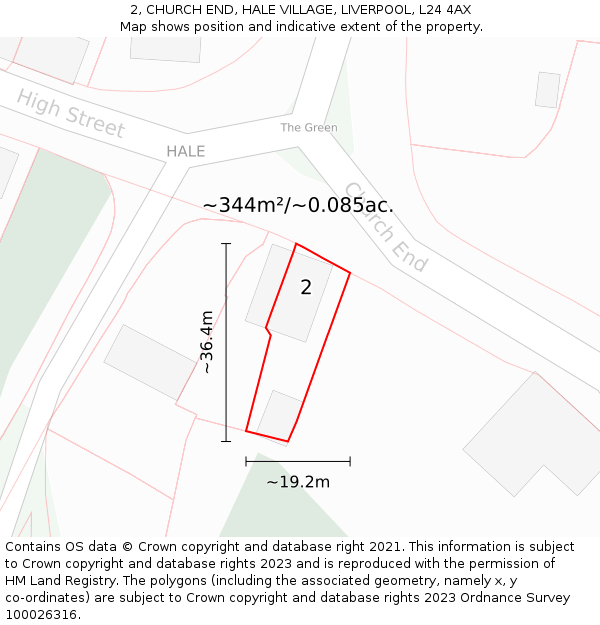 2, CHURCH END, HALE VILLAGE, LIVERPOOL, L24 4AX: Plot and title map