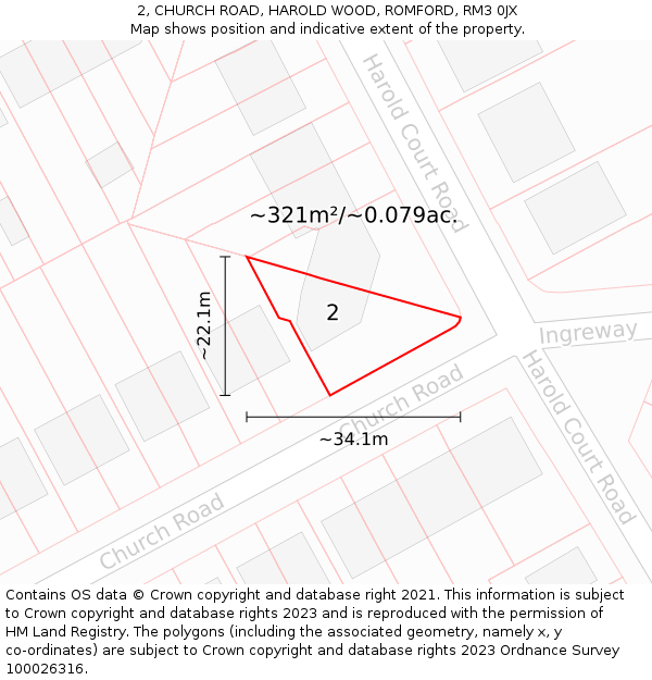 2, CHURCH ROAD, HAROLD WOOD, ROMFORD, RM3 0JX: Plot and title map