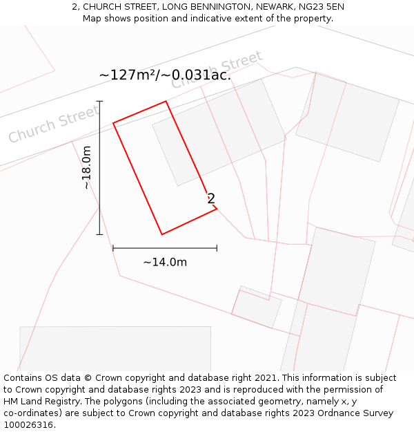 2, CHURCH STREET, LONG BENNINGTON, NEWARK, NG23 5EN: Plot and title map