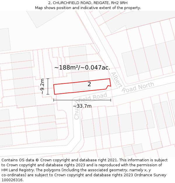 2, CHURCHFIELD ROAD, REIGATE, RH2 9RH: Plot and title map