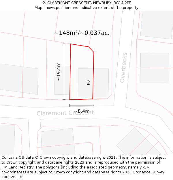 2, CLAREMONT CRESCENT, NEWBURY, RG14 2FE: Plot and title map