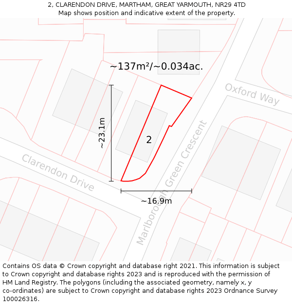 2, CLARENDON DRIVE, MARTHAM, GREAT YARMOUTH, NR29 4TD: Plot and title map