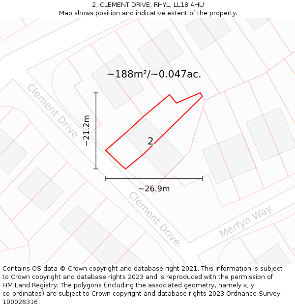 2, CLEMENT DRIVE, RHYL, LL18 4HU: Plot and title map