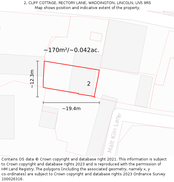 2, CLIFF COTTAGE, RECTORY LANE, WADDINGTON, LINCOLN, LN5 9RS: Plot and title map