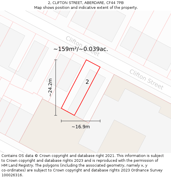 2, CLIFTON STREET, ABERDARE, CF44 7PB: Plot and title map