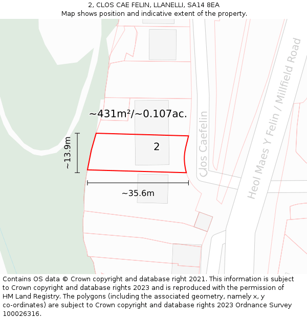 2, CLOS CAE FELIN, LLANELLI, SA14 8EA: Plot and title map