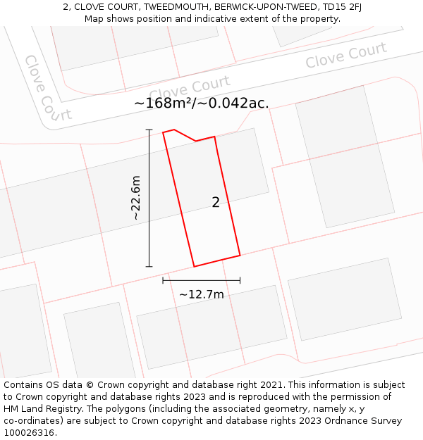 2, CLOVE COURT, TWEEDMOUTH, BERWICK-UPON-TWEED, TD15 2FJ: Plot and title map