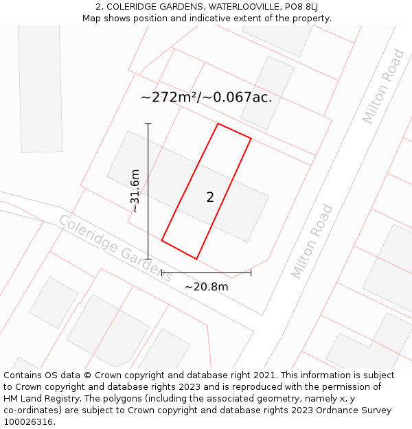 2, COLERIDGE GARDENS, WATERLOOVILLE, PO8 8LJ: Plot and title map