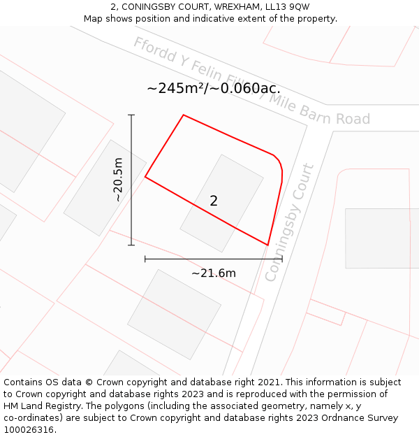 2, CONINGSBY COURT, WREXHAM, LL13 9QW: Plot and title map