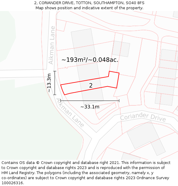 2, CORIANDER DRIVE, TOTTON, SOUTHAMPTON, SO40 8FS: Plot and title map