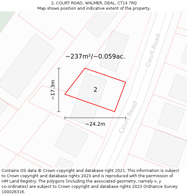 2, COURT ROAD, WALMER, DEAL, CT14 7RQ: Plot and title map