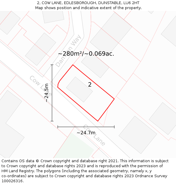2, COW LANE, EDLESBOROUGH, DUNSTABLE, LU6 2HT: Plot and title map