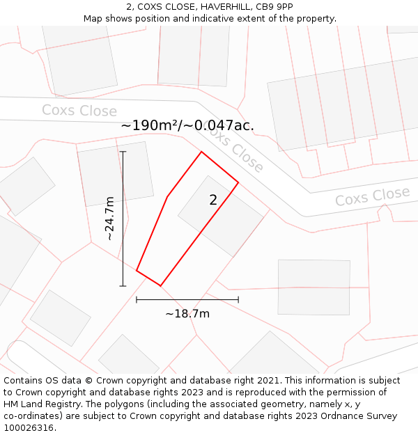 2, COXS CLOSE, HAVERHILL, CB9 9PP: Plot and title map