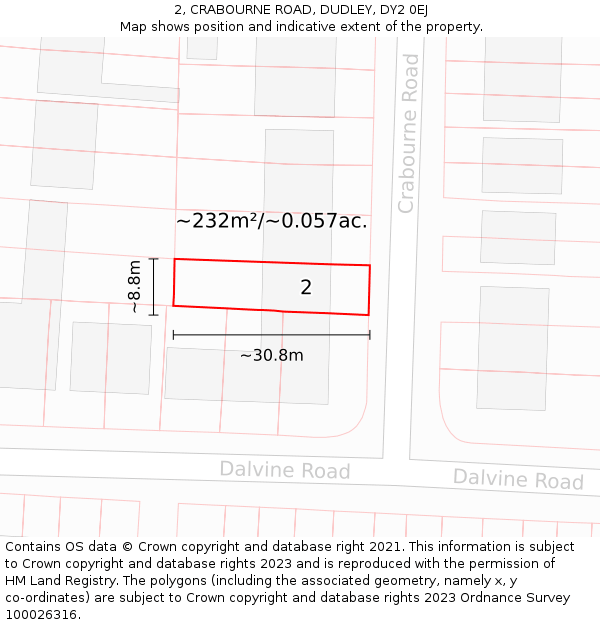 2, CRABOURNE ROAD, DUDLEY, DY2 0EJ: Plot and title map