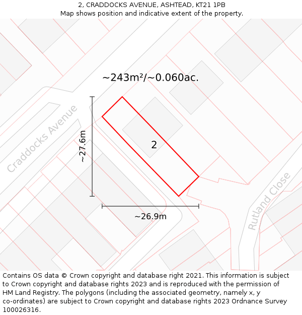 2, CRADDOCKS AVENUE, ASHTEAD, KT21 1PB: Plot and title map