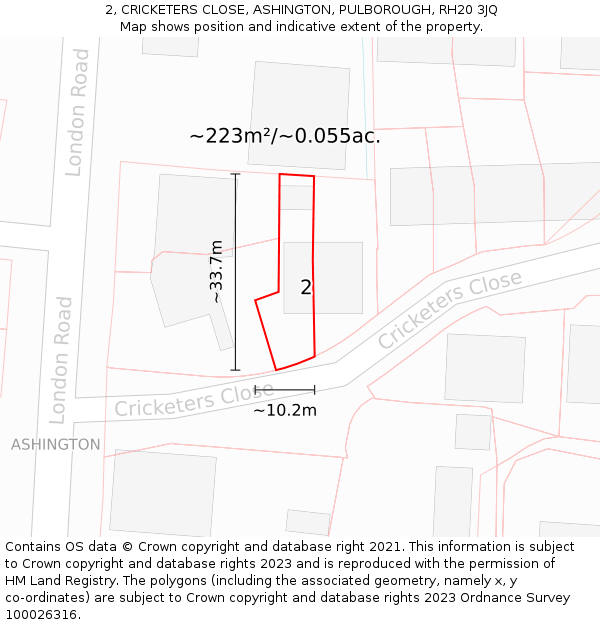 2, CRICKETERS CLOSE, ASHINGTON, PULBOROUGH, RH20 3JQ: Plot and title map