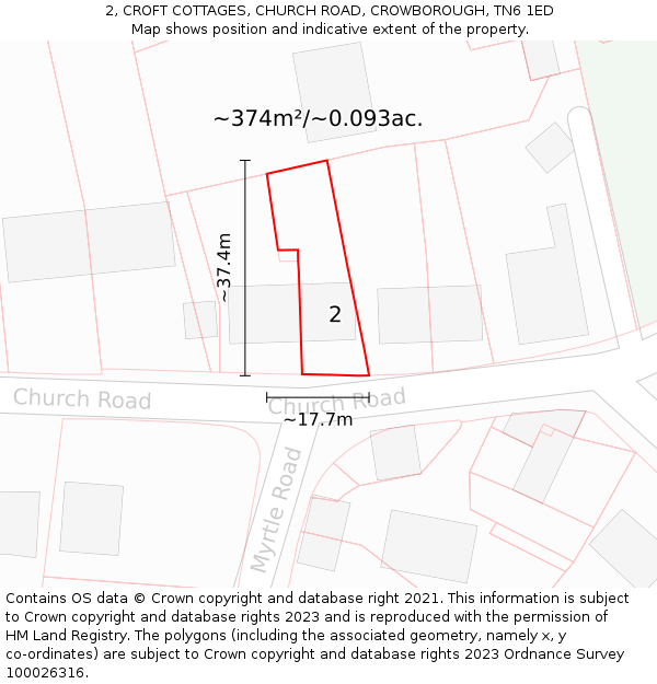 2, CROFT COTTAGES, CHURCH ROAD, CROWBOROUGH, TN6 1ED: Plot and title map