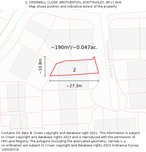 2, CROMWELL CLOSE, BROTHERTON, KNOTTINGLEY, WF11 9HX: Plot and title map