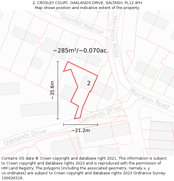 2, CROSLEY COURT, OAKLANDS DRIVE, SALTASH, PL12 4FH: Plot and title map