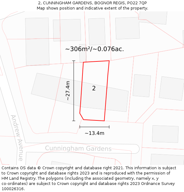 2, CUNNINGHAM GARDENS, BOGNOR REGIS, PO22 7QP: Plot and title map