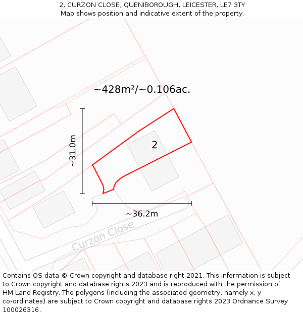 2, CURZON CLOSE, QUENIBOROUGH, LEICESTER, LE7 3TY: Plot and title map