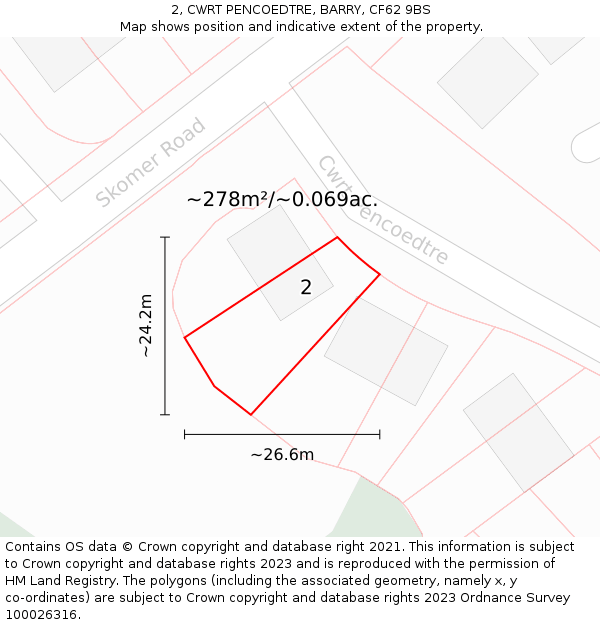 2, CWRT PENCOEDTRE, BARRY, CF62 9BS: Plot and title map