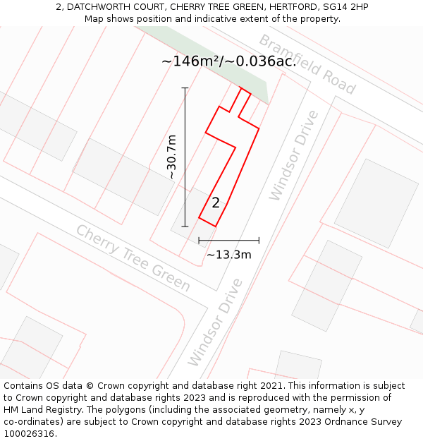 2, DATCHWORTH COURT, CHERRY TREE GREEN, HERTFORD, SG14 2HP: Plot and title map