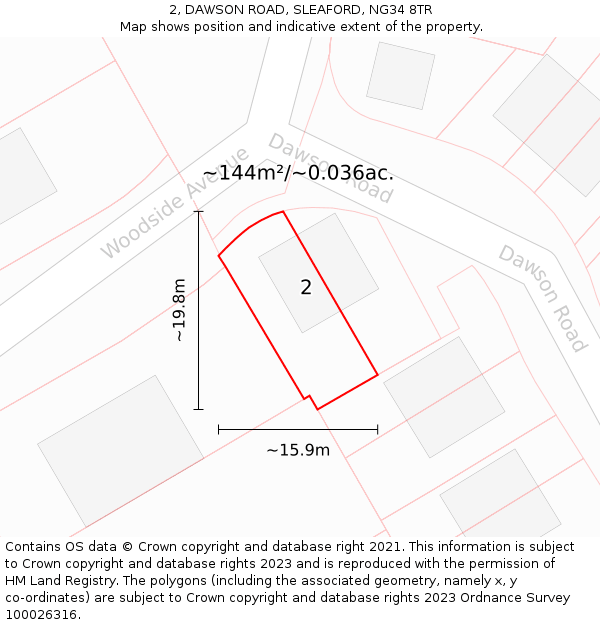 2, DAWSON ROAD, SLEAFORD, NG34 8TR: Plot and title map
