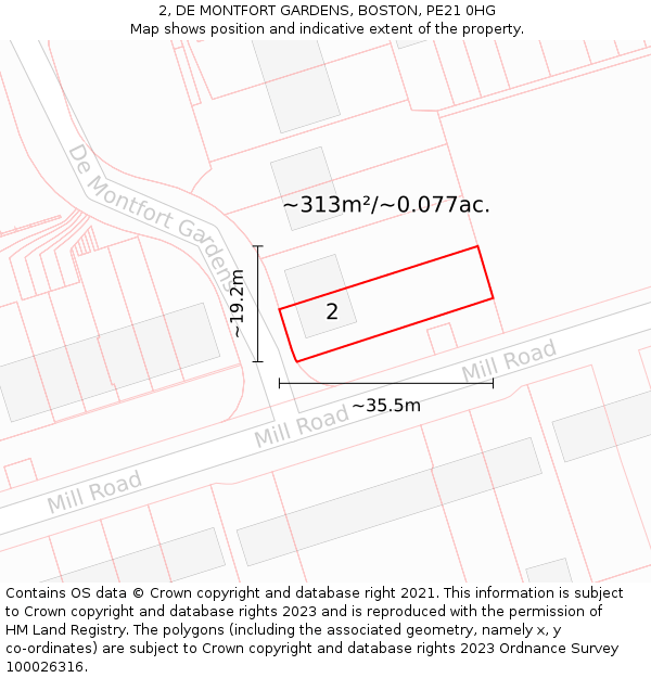 2, DE MONTFORT GARDENS, BOSTON, PE21 0HG: Plot and title map