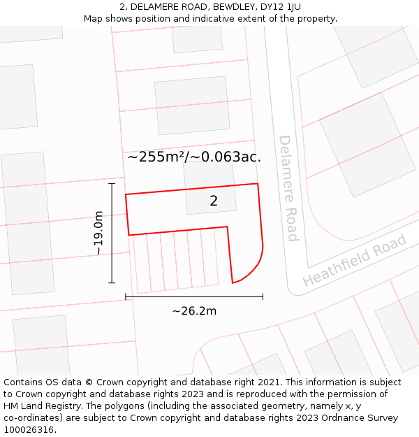 2, DELAMERE ROAD, BEWDLEY, DY12 1JU: Plot and title map