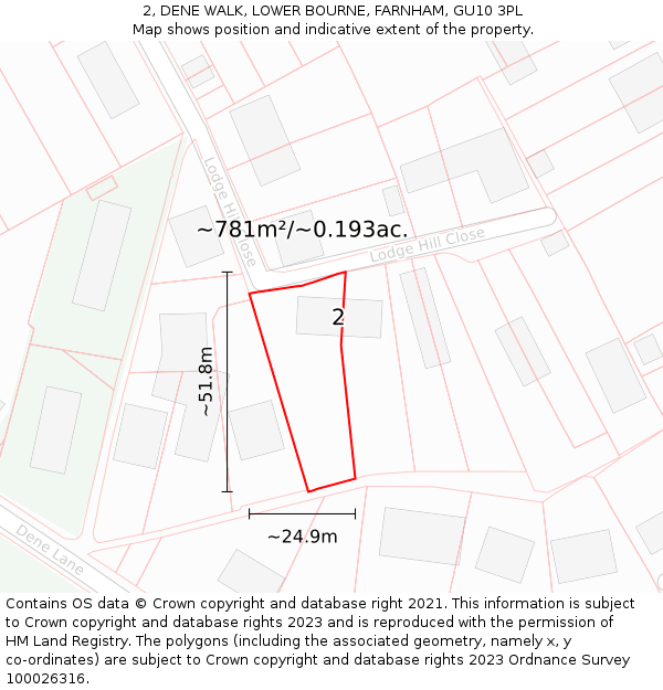 2, DENE WALK, LOWER BOURNE, FARNHAM, GU10 3PL: Plot and title map