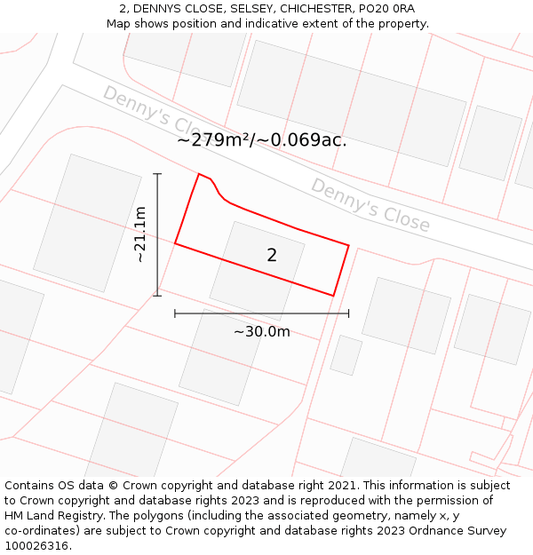 2, DENNYS CLOSE, SELSEY, CHICHESTER, PO20 0RA: Plot and title map