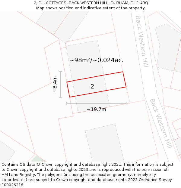 2, DLI COTTAGES, BACK WESTERN HILL, DURHAM, DH1 4RQ: Plot and title map