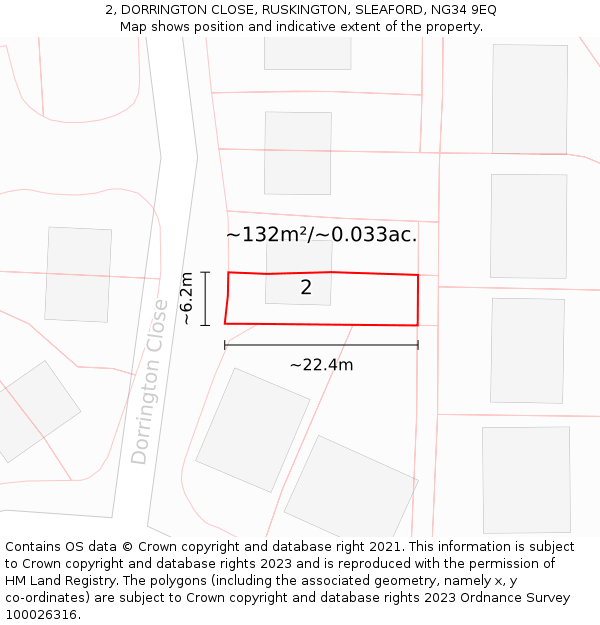 2, DORRINGTON CLOSE, RUSKINGTON, SLEAFORD, NG34 9EQ: Plot and title map