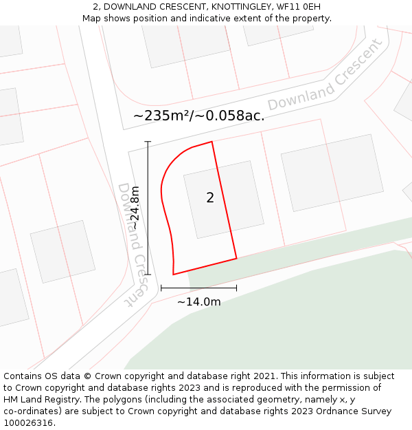 2, DOWNLAND CRESCENT, KNOTTINGLEY, WF11 0EH: Plot and title map